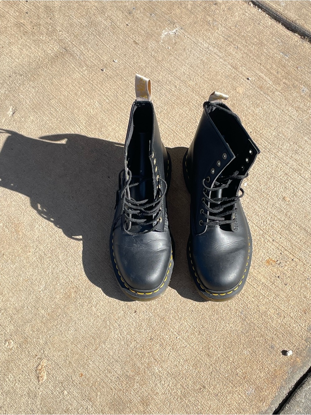 Dr. Martens Black Lace-Up Combat Boots with Yellow Stitching